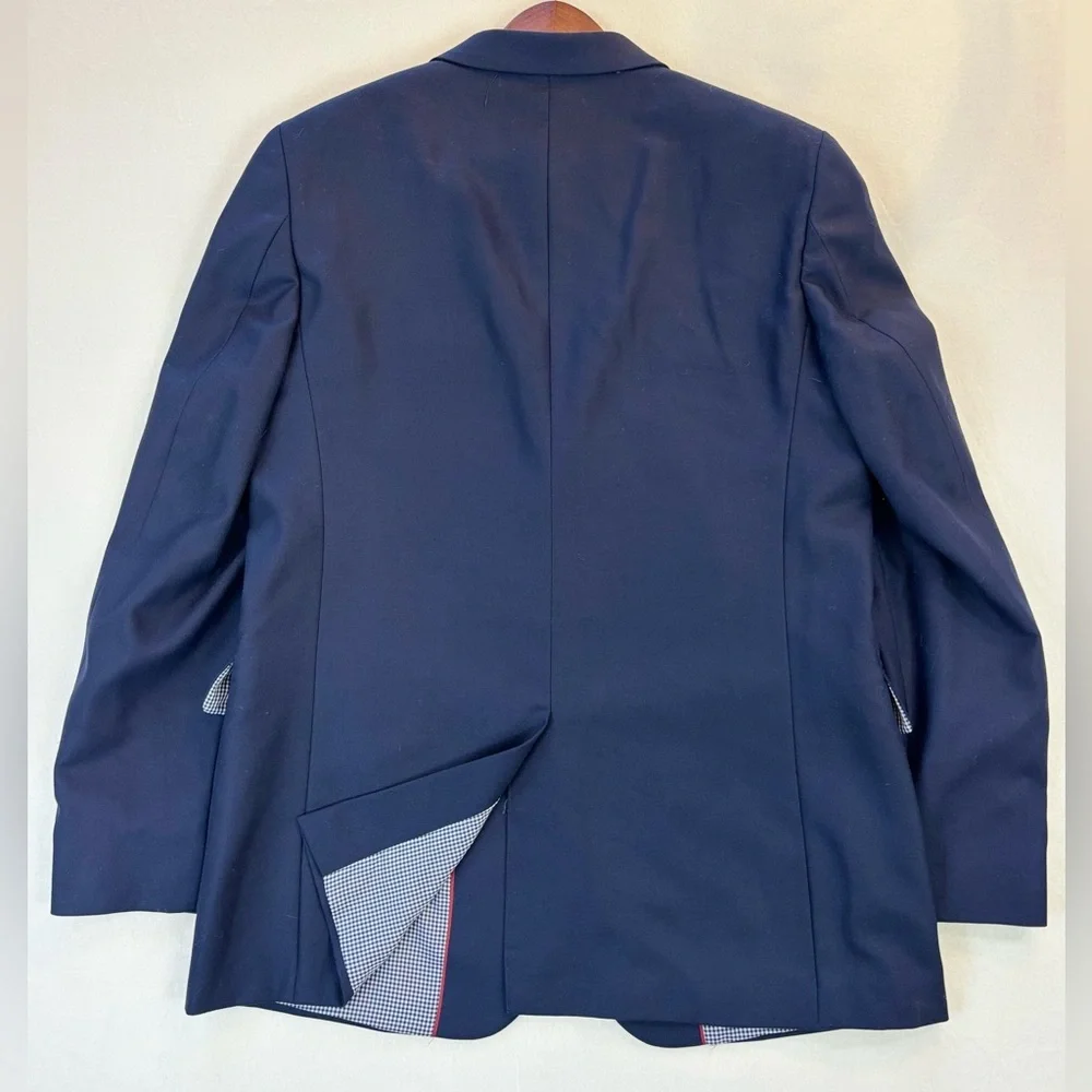STAFFORD Hopsack Navy Blazer Gold Button Blue Gingham Preppy Wool Business 44L‎